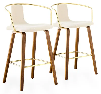 Productafbeelding van Barstoelen, set van 2, in Scandinavische stijl, met armleuningen, houten poten, beklede zitting, een zithoogte van 67,5 cm en een metalen voetsteun, kleur crème