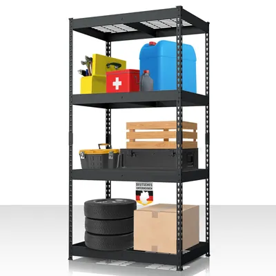 Produktbild von Schwerlastregal Schwarz Yukon Rivet, 180 x 90 x 60 cm, Stahlregal mit Gitterböden, 250 kg Tragkraft je Etage, Lagerregal mit 4 Etagen, Regal Keller