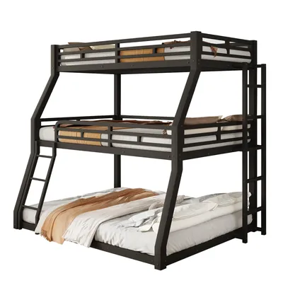 Produktbild von Etagenbett mit 3 Liegeflächen und Lattenrost, 90/120/140 cm, Metallbett mit Rausfallschutz, Kinderbett