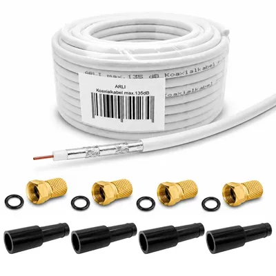 Produktbild von 20m ARLI Koaxialkabel – max. 135 dB 5-fach geschirmt + 4x vergoldete F-Stecker & 4x Gummitüllen für DVB-S2 DVB-C2 DVB-T2 4K HD TV