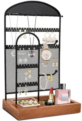 Immagine prodotto di Uniqoos® - Porta gioielli elegante, a 6 livelli, realizzato in metallo e legno, con 7 supporti per collane, 44 fori per orecchini, 2 supporti per bracciali e un cassetto rivestito in velluto