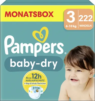 A package of Pampers baby-dry diapers with a baby's face on the right side.
