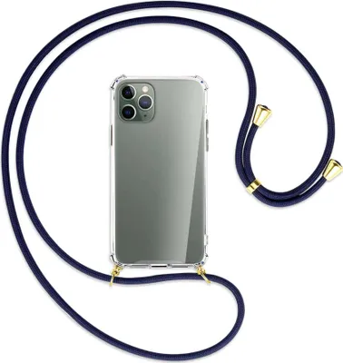 Produktbild von Handykette Backcover-Schutzhülle mit Band (Metall goldfarben) für Apple iPhone 11 Pro - dunkelblau