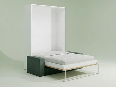 Produktbild von Schrankbett 140 x 200 cm - Manuelle vertikale Öffnung - Farbgebung: Natur und Weiß + Grünes Sofa - BEGANIO