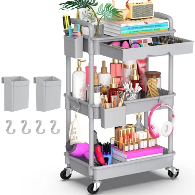 Image de Chariot de service à trois étages avec tiroir, chariot multifonctionnel avec plateau en plastique et roulettes blocables, pour la cuisine, la salle de bains, le bureau, le salon, gris