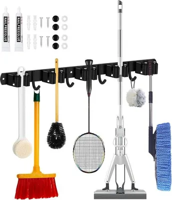 Produktbild von Gartengerätehalter für Wandmontage, Werkzeughalter, Gartengerätehalter mit 5 Halterungen und 4 Haken für Innen- und Außenbereich, ideal für Haus, Küche, Garage (Edelstahl)