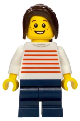 Obrázok produktu pre LEGO Minifigúrka – obchodníčka, biela mikina s červenými horizontálnymi pruhmi (bdp205)