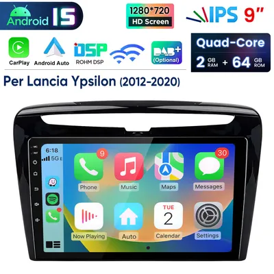 Immagine prodotto di Autoradio 9 pollici con Android 15 e CarPlay per Lancia Ypsilon 2012-2020, GPS Navi, WiFi, Bluetooth, DAB+, SWC , USB, DSP, 2+64G