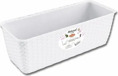 A white plastic planter box with a woven texture, shown from a diagonal angle.