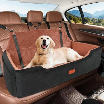 Immagine prodotto di Copertura per sedili auto per cani, adatta alla parte posteriore, lavabile, rimovibile, con 2 guinzagli di sicurezza, colore nero/marrone