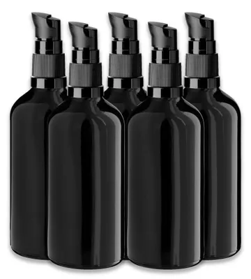 Produktbild von 5x Schwarze Glasflasche 100 ml mit schwarzer Pumpe Dispenserpumpe leer