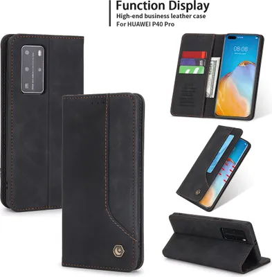 Produktbild von Huawei P40 Pro Hülle, LaimTop Retro Kunstledertasche Schutzhülle mit Kartenfach Standfunktion für Huawei P40 Pro Schwarz