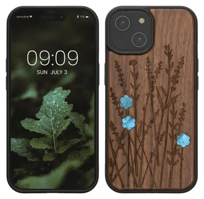 Produktbild von kwmobile Hülle kompatibel mit iPhone 15 Hülle - Holz Case - Handy Cover - TPU Handyhülle in Dunkelbraun Perlmutt-Lavendel