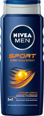 A Nivea Men Sport shower gel bottle against a white background.