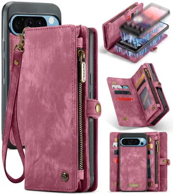 A collage of images showing a pink leather wallet-style phone case for a Google Pixel 9 Pro XL, highlighting its features like card slots and a zippered compartment.