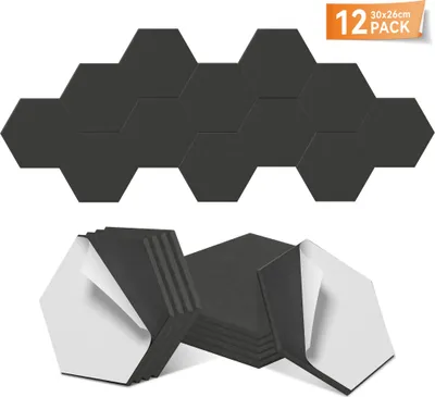 Produktbild von YARDIN Hexagon Akustikpaneele 30x26cm Schwarz 12 Stück selbstklebend Polyester Filz 1200g/m² Schallabsorber Schalldämmplatten für Tonstudio Heimkino Musikzimmer KTV Büro Bar