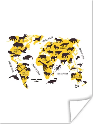 Produktbild von MuchoWow® Poster Weltkarte - Tiere - Gelb 90x120 cm - Wohnzimmer