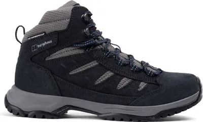 Schwarze Wanderschuhe für Damen; Modell "Expeditor Trek 2.0 Tech Boot" von Berghaus; mit grauen Akzenten und Schnürung.