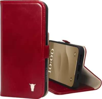 A red leather wallet case for an iPhone is shown open, with the phone inside.