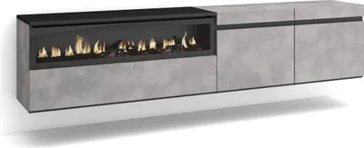 Immagine prodotto di COZY Mobile TV Soggiorno, 200x35x45cm, Per TV fino a 80, Camino elettrico, da appendere, Cemento