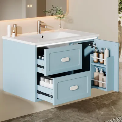 Image de Meuble sous-vasque Merax, meuble suspendu pour salle de bains, fixation murale avec lavabo en céramique, 2 tiroirs, éclairage LED à capteur radar, bleu