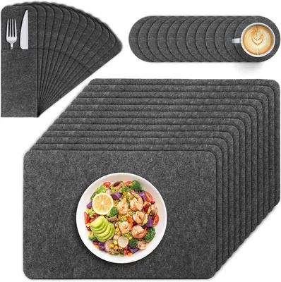 Produktbild von 12 Sets abwaschbare Tischsets mit Filzuntersetzern und Bestecktaschen, 43x29 cm