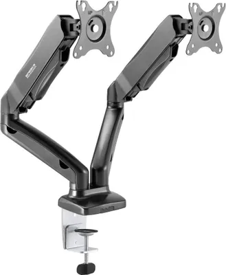 A dual monitor desk mount with a clamp base.