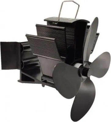 A black stove fan with three blades is shown against a white background.