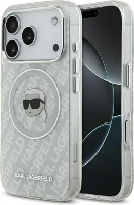 A Karl Lagerfeld branded iPhone case with a transparent design and a graphic of Karl Lagerfeld's face on it.