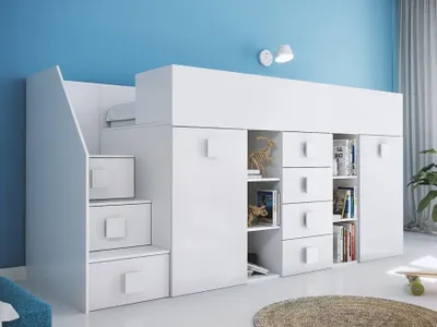 Produktbild von Kinderhochbett mit Stauraum und Schreibtisch Willy – Weiß links