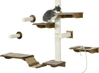 Produktbild von PawHut Katzen Kletterwand Set, 8-teilig Katzenmöbel mit Kratzbäumen, Sitzstangen, Kratzbrett, Katzentreppe, Sisal, Braun