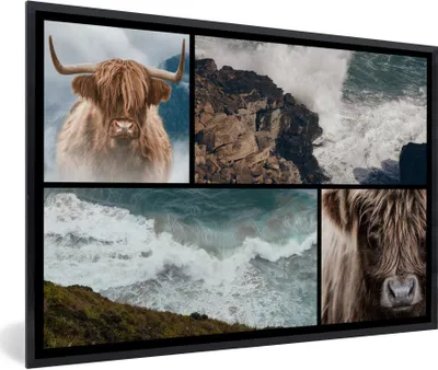 Produktbild von MuchoWow® MuchoWow® Gerahmtes Poster Schottisches Hochlandrind - Collage - Steine - Meer 90x60 cm - Poster mit zchwarzem Bilderrahmen - Fotorahmen - Foto-Plakat