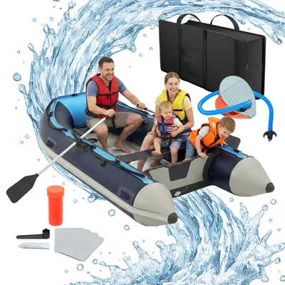 Obrázek produktu pro Relaxdays, set gumového člunu, pro 4 osoby, délka 3,20 m, včetně pádel, pumpy a tašky. Člun s hliníkovou podlahou, nafukovací, modro-bílý