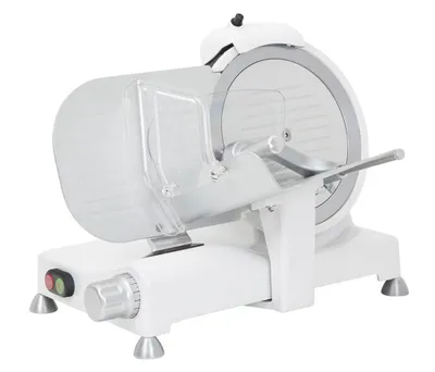 A white electric slicer is shown against a white background.