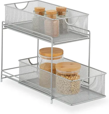 Image de Organisateur de cuisine - 2 paniers coulissants - Étagère de salle de bain en métal - 32x19x35,5 cm - Organisateur de placard - Argent