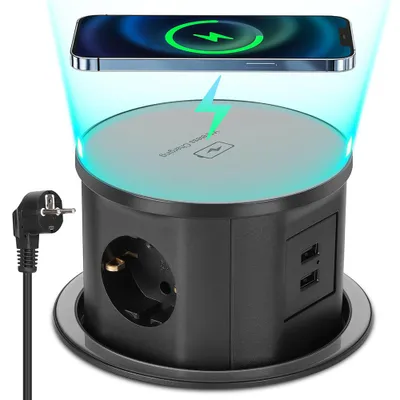 Produktbild von Mehrfachsteckdosen Versenkbare Steckdose 2 USB A, 3 Fach Tischsteckdose Steckdosenleiste mit 15W Kabellosem Ladegerät, Einbausteckdose für  Zuhause