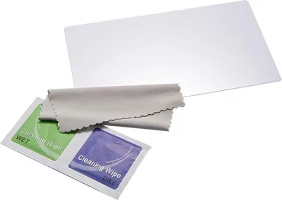 A screen protector kit for a Nintendo Switch, including a tempered glass screen protector, a microfiber cleaning cloth, and two cleaning wipes (wet and dry).