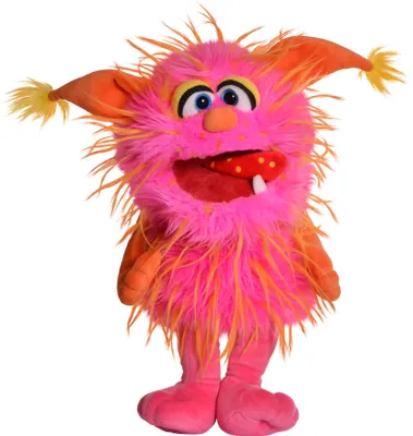 A stuffed puppet monster against a white background.