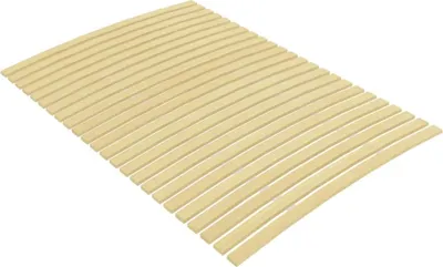 A slatted bed base is shown from a diagonal angle against a white background.