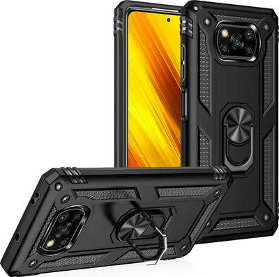 Produktbild von LaimTop Schutzhülle für Xiaomi Poco X3 NFC, Dual Layer Robust Militäre Fallschutz Hülle mit Ringhalterung Ständer Schwarz