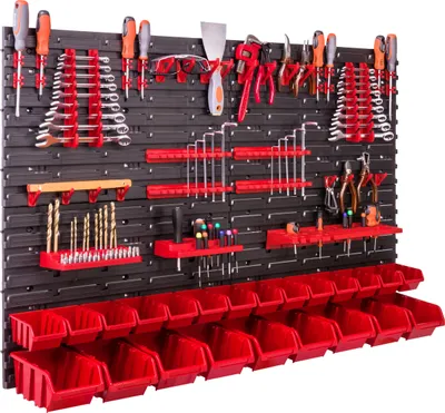 Obrázek produktu pro 23 stohovacích boxů Nástěnná police 115x78cm Držák nářadí Plastový systém pro skladování na pracovním stole