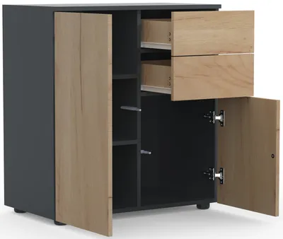 Image de Commode en bois | Buffet avec 2 portes tournantes et deux tiroirs | Dimensions H. 77 x W. 70 x D. 39 cm - Dalosa