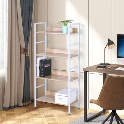 A white and light oak bookshelf with four shelves is shown in a room setting.