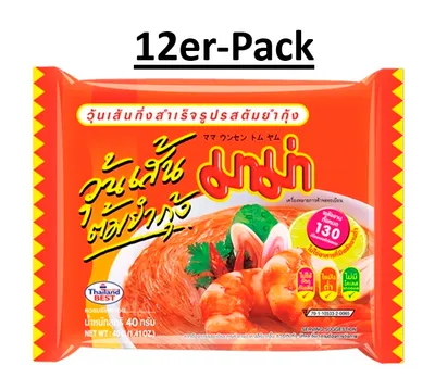 Produktbild von 12er-Pack MAMA Instant Glasnudeln Mungobohnennudeln Tom Yum Koong 40g