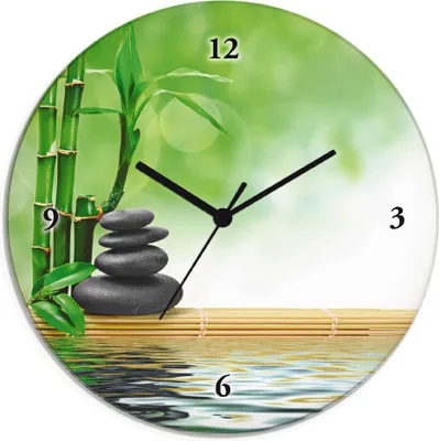 Produktbild von ARTland Glas Wanduhr Quarzuhr - schwarzer Zeiger Spa Konzept Zen Basaltsteine Größe: 30x30 cm