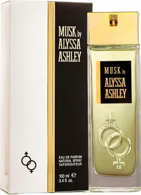A bottle of Alyssa Ashley Musk Eau de Parfum and its packaging.