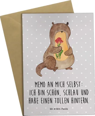 Produktbild von Mr. & Mrs. Panda Glückwunschkarte Otter Blumenstrauß - Grau Pastell - Geschenk, Seeotter, Süß, weihnachtskarten, hochzeitskarten, Positiv, einladungskarten, Grußkarten