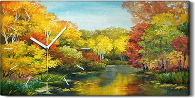 Produktbild von Leinwand Wanduhr Wandkunst Uhr 60x30 Ölgemälde Wald Fluss Bäume Himmel Kunst - weiße Hände
