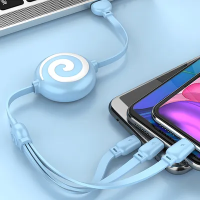 Produktbild von 3 in 1 Datenleitung Retraktable USB Portable 3A Schnellladekabel Typ C blau