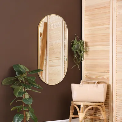 A gold-framed oval mirror hangs on a brown wall next to a wooden screen. A plant is in the foreground, and a beige handbag sits on a stool.